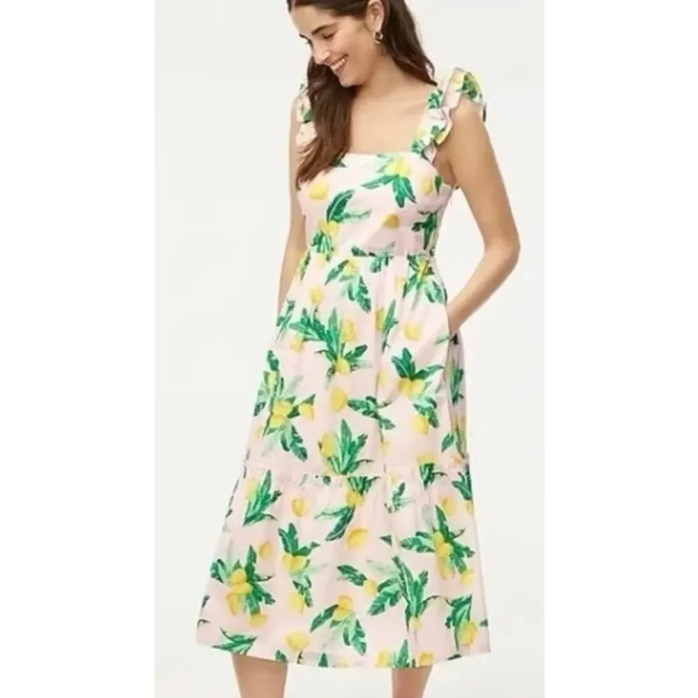 J. Crew Square Neck Midi Dress in Pink Lemons Sz. S